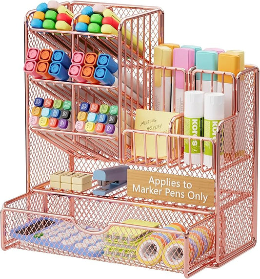Marbrasse Mesh Pen Holder for Desk, Desk Organizer with Drawer, Multi-Functional Pencil Organizer, Desk Organizers and Accessories for Office Art Supplies (Rose Gold), MESH B17