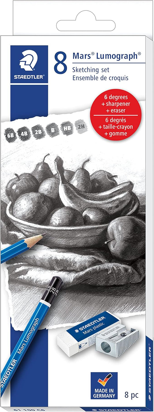 STAEDTLER Mars Lumograph Graphite Artist Sketch Set, 6 Degrees (6B, 4B, 2B, B, HB, 2H), Mini Mars Plastic Eraser, Metal Sharpener 61 100C8LU