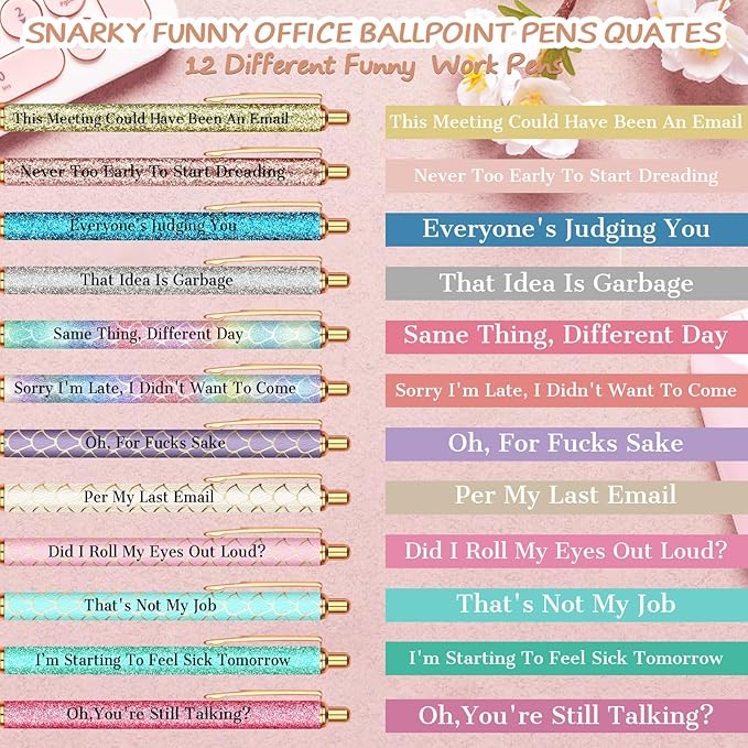 Snarky Funny Office Pens,12 Pcs Negative Sarcastic Hilarious Quotes Work Ballpoint Pens with Stylus Tip for Colleague Co-workers Gift Black Ink (Style 5, 12)
