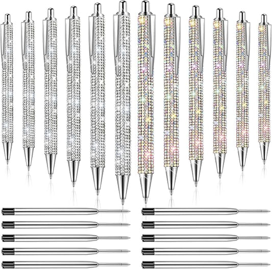 12Pcs Rhinestone Metal Ballpoint Pens Bling Pens Bulk Fancy Sparkly Crystal Diamond Pens Press Retractable Black Ink 0.7mm For Women Office Meeting Birthday Supplies Wedding Gifts(2colors)