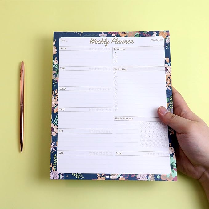 Oriday Weekly Planner Task Organizer Pad - 52 Sheets Undated Planning Tear-away Notepad (7.8" x 10" Dark Flower)
