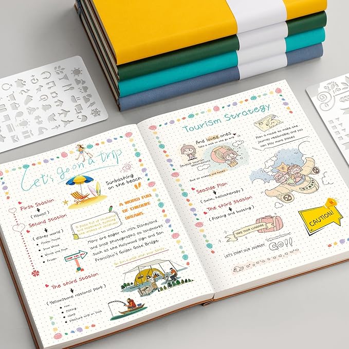 AHGXG Bullet Dotted Journal - 320 Pages Dot Grid Notebook B5 Large Journal, 100gsm Thick Dotted Paper, Leather Softcover, with Journal Stencils, Inner Pocket, 7.6'' X 10'' - GrayBlue