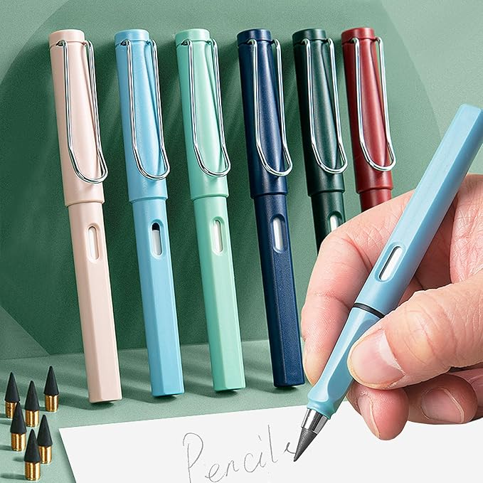 Infinity Forever Pencil Christmas Gift - 0.7mm Infinite Everlasting Metal Inkless Pencils Set with Eraser , No Need Sharpened, Replace Mechanical Pen for Drawing and Writing(6 Pens +6Replacement Tips)