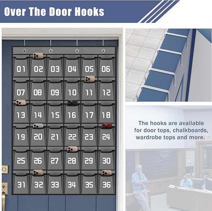 Loghot Numbered Classroom Sundries Closet Pocket Chart for Cell Phones Holder Wall Door Hanging Organizer (36 Pockets Gray)