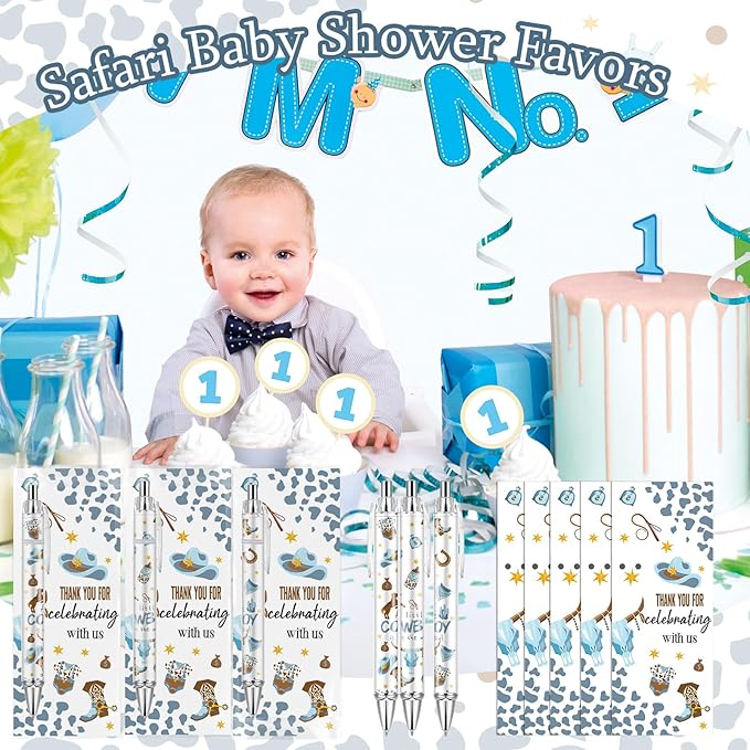 50 Sets Pen Baby Shower Favors Gifts for Guests Includes 50 Rolling Paper Ballpoint Pens and 50 Greeting Thank You Bookmarks Baby Shower Party Favors (Cowboy)