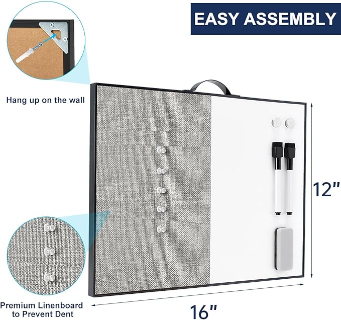 Small White Board Cork-Board Combo - 16 X 12 inches Gray Linen Board & Magnetic Dry Erase Board for Wall, Mini Bulletin Cork Board with Holder for Office, Home and School