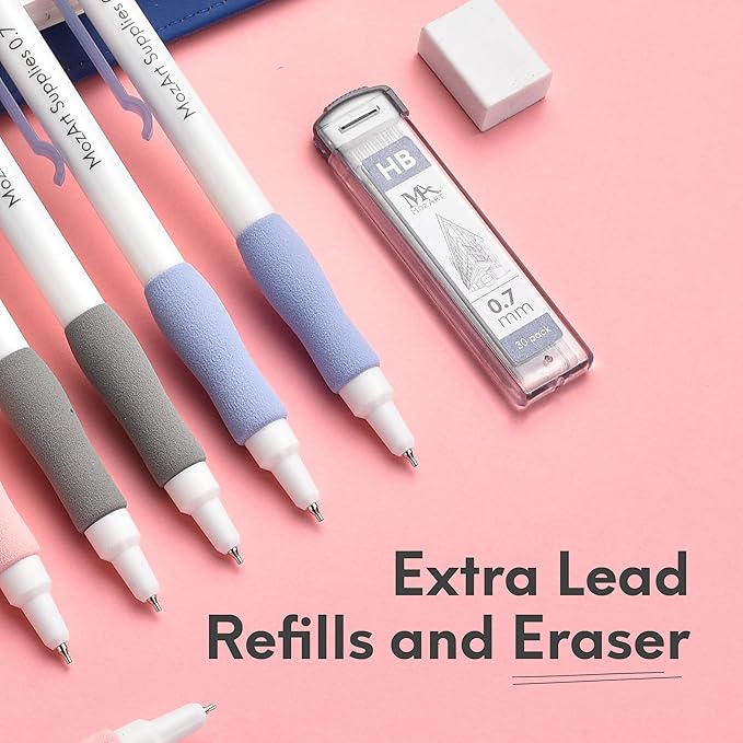 MozArt Cute Mechanical Pencil Set 0.7mm, 16PCS with 30 HB Lead Refills Drafting, Art, Drawing Supplies, Aesthetic Pastel Mechanical Pencils for Girls Writing