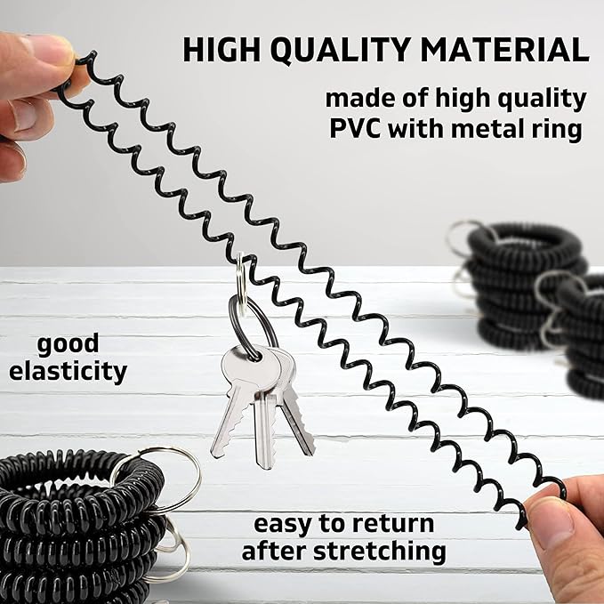 100PCS Keychain Wristlet Wrist Keychain Wristband Elastic Stretchable Spiral Bracelet Key Hook Key Holder for Gym Pool Spring Spiral Coil Black