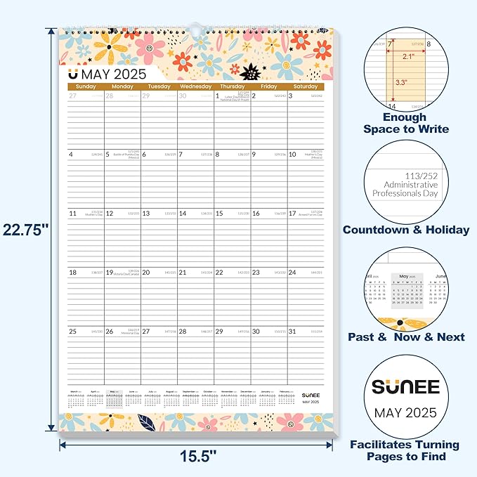 SUNEE 2025 Wall Calendar Large 22.75"x15.5" with Lines, 21 Month Calendar from Now to June 2026, Vertical Extra Large Monthly Calendar 2025 for Wall, Seasons Color