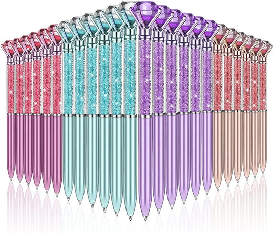24 Pieces Big Crystal Diamond Pens Bling Ballpoint Pen Black Ink Rhinestones Pen for School Office Supplies Christmas Wedding Birthday Present, 4 Colors(Glitter Style)