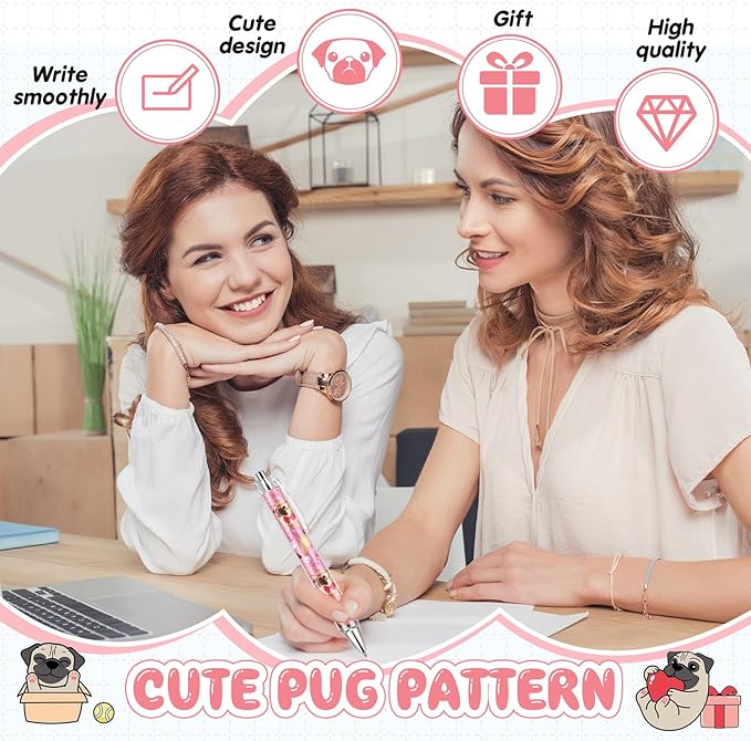 Ireer 8 Pcs Ballpoint Pens for Women 1.00 mm Cute Black Ink Fancy Pens Fine Point Smooth Writing for Journaling Aesthetic Office Supplies(Pug)