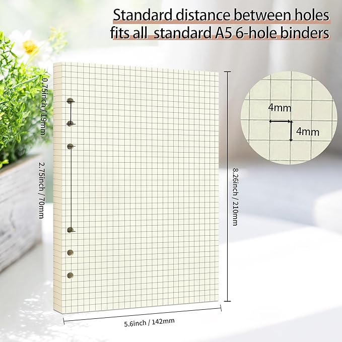 A5 Grid Refill Paper,100GSM A5 Graph Rule Paper/Quad Rule Filler Paper for 6 Ring Refillable Binder/Planner/Diary Journals/Painting, 80 Sheets/160 Pages (Beige-Grid-A5)