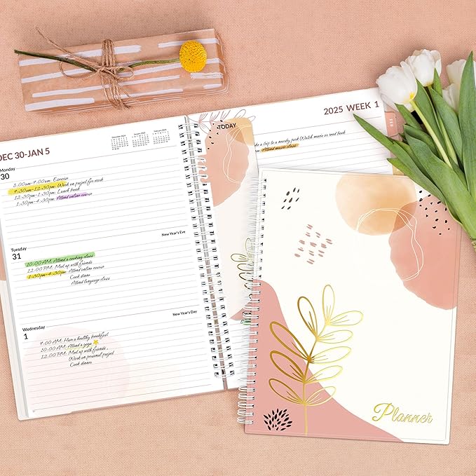 SUNEE 2025 Weekly and Monthly Planner - from January 2025 - December 2025, 8.5"x11" Daily Agenda Planner with Monthly Tab, Flexible Cover, Note Pages, Pockets, Bookmark, Spiral Binding, Pink Breeze