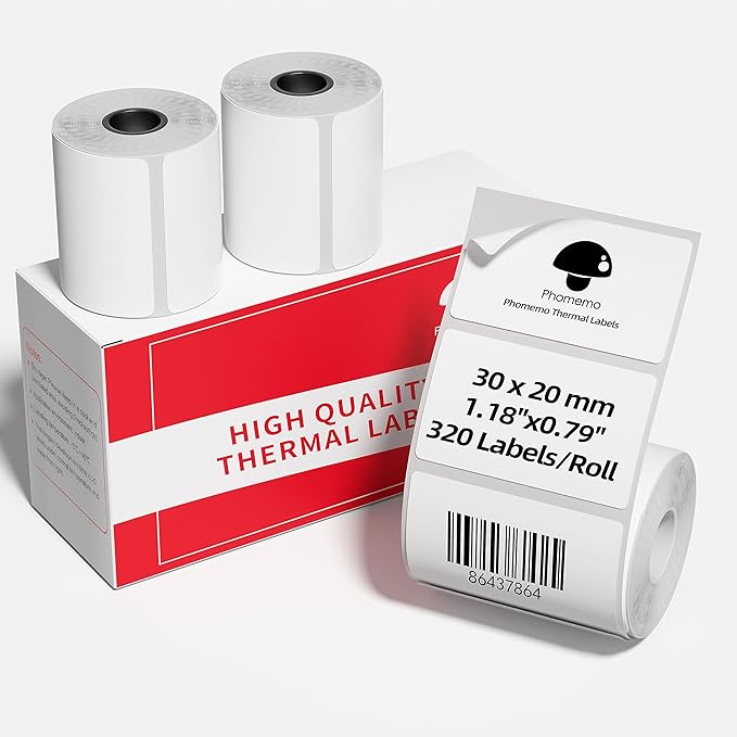 3 Roll Thermal Labels for Phomemo M110/M221/M220/M120/M200/M110S Label pirnters,1.18" x 0.79" (30x20mm),Tape Self-Adhesive Thermal Paper for Barcode,QR Code,320 Labels/Roll Black on White