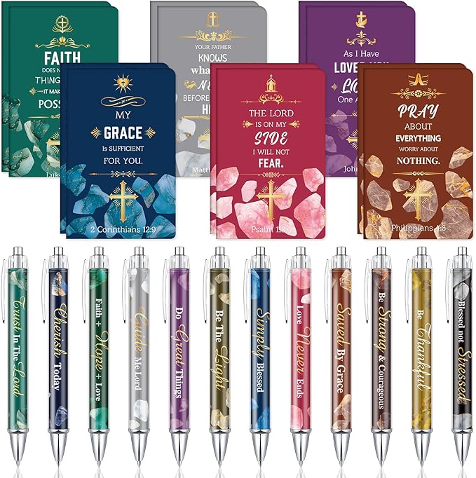 Colarr 24 Pcs Christian Bulk Gifts for Women Men Bible Verse Pens and Notebooks Religious Easter Gifts Scripture Ballpoint Pens Journals Sunday School Church Inspirational Study Supplies(Stone)