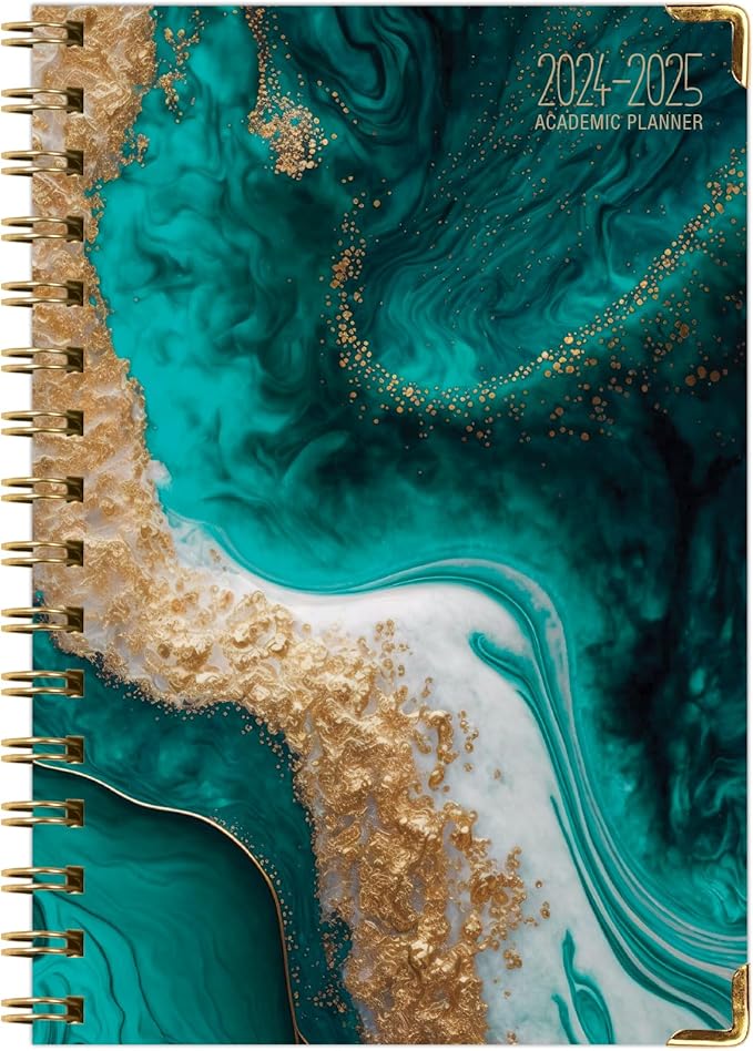 HARDCOVER Academic Year 2024-2025 Planner: (June 2024 Through July 2025) 5.5"x8" Daily Weekly Monthly Planner Yearly Agenda. Bookmark, Pocket Folder and Sticky Note Set (Teal Gold Marble)