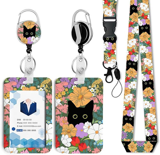 Cute Cat Hidden in The Flowers Badge Holder with Retractable Reel and Breakaway Lanyard,Badge Clips Retractable Heavy Duty Badge Reel,ID Holder with Breakaway Lanyard for School Nurse Office Teen 