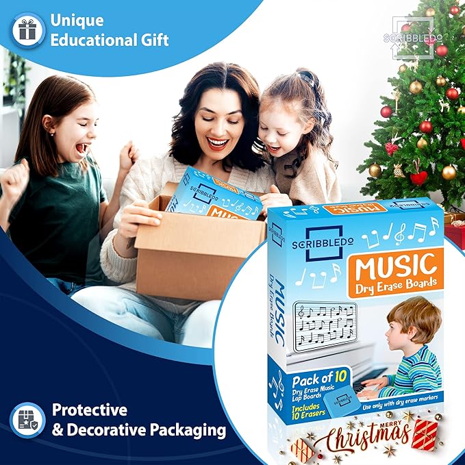 Scribbledo 10 Pack Dry Erase Music Staff Lap White Boards 9"X12" l Write Musical Notes and More Whiteboard (Double Sided) Music Classroom Supplies Must Haves Includes 10 Erasers