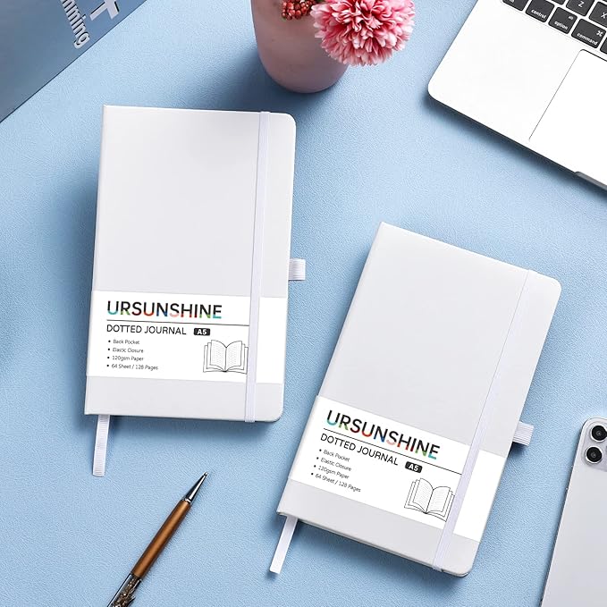 Dotted Journal/Notebook - Dot Grid Hard Cover Notebook, Premium Thick Paper with Fine Inner Pocket, Black Smooth Faux Leather, Pen Loop, 5.3'' x 8.26'' - White