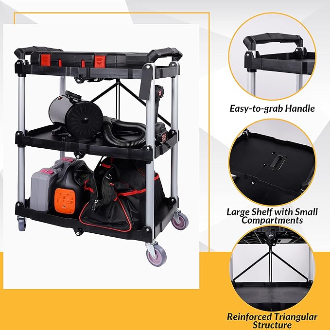 ELEVON Portable Folding Collapsible Service Cart Foldable Service Cart 3 Tier Collapsible Push Cart Folding Utility Carts with Wheels for Office Warehouse Home, Black