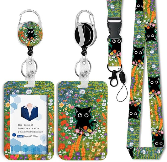 Cute Cat Hidden in The Flowers Badge Holder with Retractable Reel and Breakaway Lanyard,Badge Clips Retractable Heavy Duty Badge Reel,ID Holder with Breakaway Lanyard for School Nurse Office Teen 3