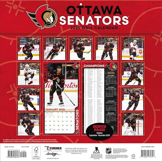 TURNER SPORTS Ottawa Senators 2025 12x12 Team Wall Calendar (25998011950)