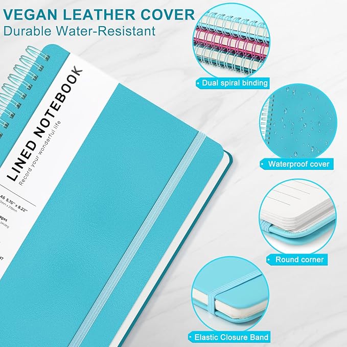 Lined Spiral Journal Notebook, A5 Hardcover Leather Notebook for Work, 5.7''×8.2'', 100GSM Thick Paper Spiral Bound Journaling Notebooks for Women & Men Office School Note Taking Business, Sky Blue