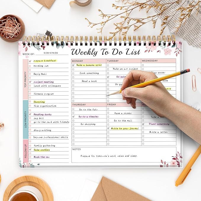 Weekly To Do List Notepad with 52 Undated Sheets(8.5"×11")- Undated Weekly Desk Planner for Women & Man, School/Office Supplies - Whispering Petal