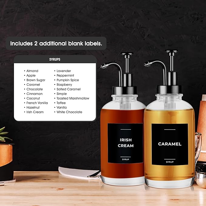 Coffee Syrup Labels for Bottles, Syrup Dispensers - 2.5" x 2.5" Waterproof & Durable PVC Stickers - Modern Coffee Bar Essentials for Home, Kitchen, Beverage Station - Minimalist Black, 22pcs
