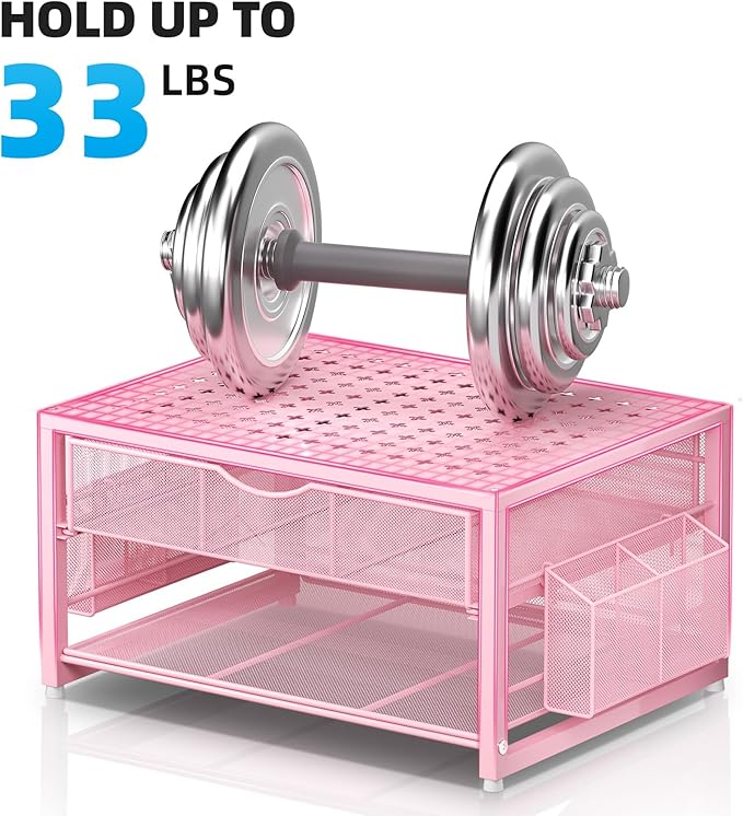 Marbrasse Metal Printer Stand for Desk with Storage Drawer and 2 Pen Holders, 2-Tier Desktop Organizer Printer Table for Home Office, Multi-Purpose Desk Organizer for Fax Machine Scanner Files(Pink)