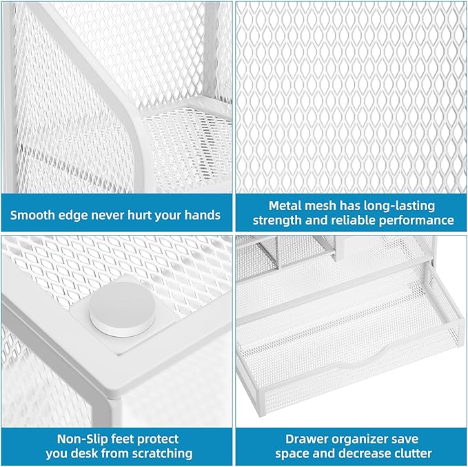 Marbrasse Mesh Pen Holder for Desk, Multi-Functional Pencil Organizer with Drawer, Desk Organizers and Accessories for Office Art Supplies (White)