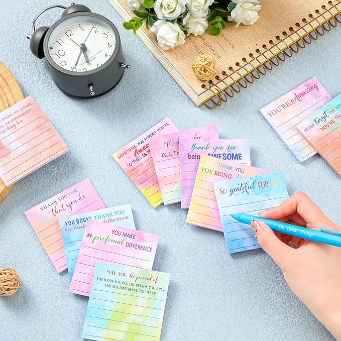 Yinder 24 Pcs Employee Appreciation Sticky Notes Thank You Gifts Bulk Note Pads with Sayings Teacher Gift Mini Pocket Inspirational Notepads for Coworker Office Supply 3 x 3''(Watercolor,Thanks)