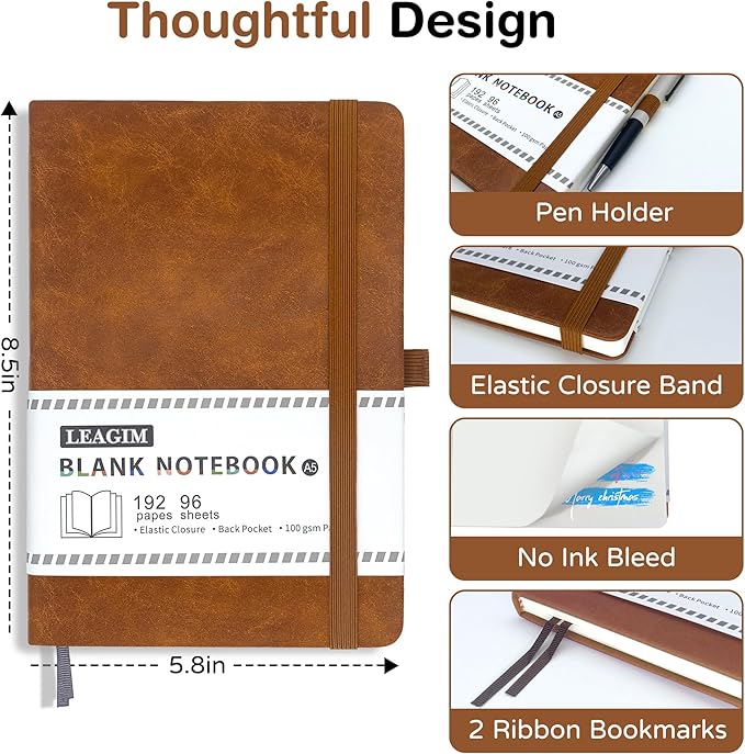 Blank Journal Notebook, A5, 192 Pages 100 GSM Thick Sketch Book for Women Men, Hardcover Leather Unlined Journaling for Work, Notebooks for Writing, 5.8 inches x 8.5 inches (Brown)