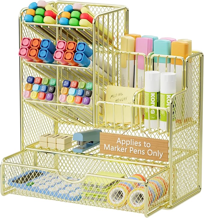 Marbrasse Mesh Pen Holder for Desk, Multi-Functional Pencil Organizer with Drawer, Desk Organizers and Accessories for Office Art Supplies (Gold-Applies to Marker Pens Only)