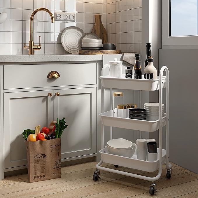 3-Tier White Utility Rolling Cart,Kitchen Storage Carts with Wheels,White Metal Rolling Cart for Office,Home,Kitchen,Garden๏ผ18"x11.4"x31.2"๏ผ