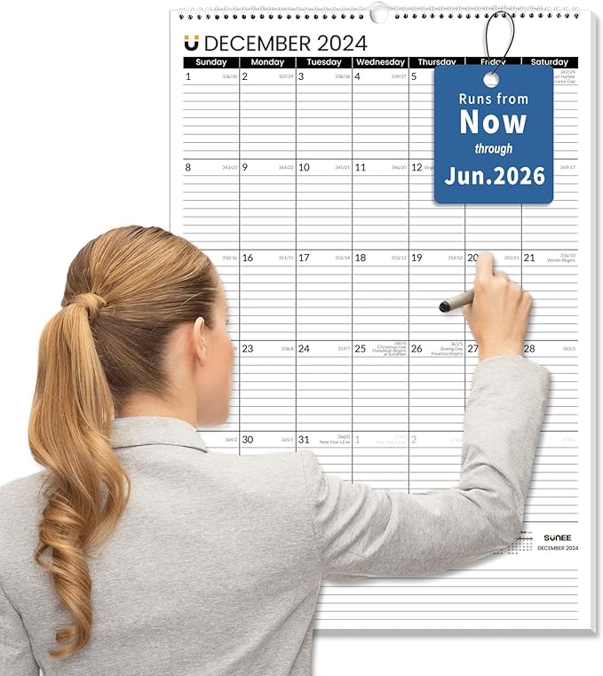 SUNEE 2025 Wall Calendar Large 22.75"x15.5" with Lines, 21 Month Calendar from Now to June 2026, Vertical Extra Large Monthly Calendar 2025 for Wall, Black