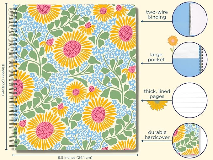 Steel Mill & Co Cute Large Spiral Notebook College Ruled, 11" x 9.5" with Durable Hardcover and 160 Lined Pages (Sunflower)