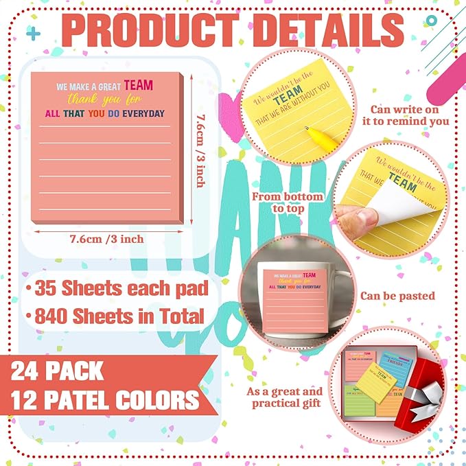 Yinder 24 Pcs Team Sticky Notes Team Appreciation Gifts Bulk Employee Coworker Inspirational Sticky Notes Pad Appreciation Gifts for Teacher Nurse Office Supplies 3 x 3''(Light Color,Appreciation)