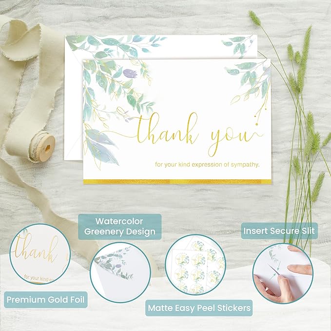 50 Pack Funeral Thank You Cards with Envelopes & Stickers, Watercolor Thank You Sympathy Cards for Funeral with Meaningful Message, Bereavement Card for Memorial Service, Funeral