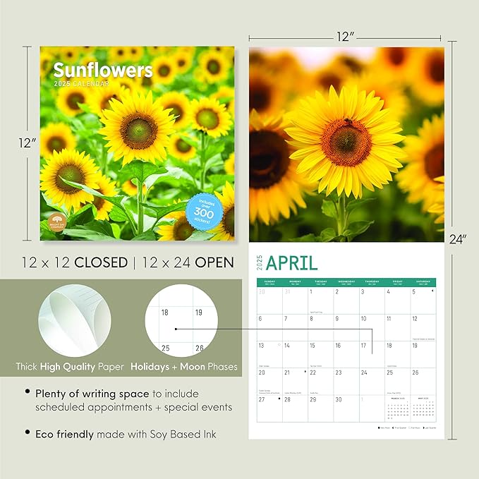 2025 Sunflowers Monthly Wall Calendar by Bright Day, Includes Over 300 Stickers, 12 x 12 Inch