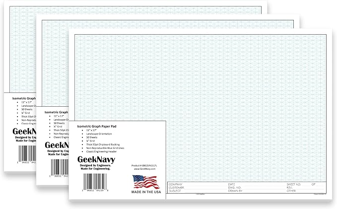 11" x 17" Isometric Graph Paper 50 Sheets Landscape - 0.25" Grid, Non-photo Blue, High Brightness, Drafting, Engineering, Art, 3D Design (3-Pack)