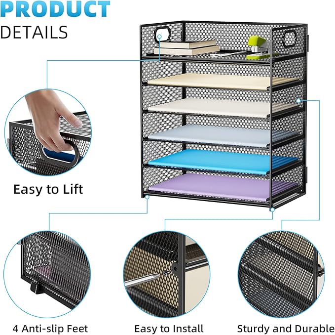 Marbrasse 2 Pack Desk Organizer with Handle, 6 Tier Paper Letter Tray, Mesh File Organizer for Office, School and Home