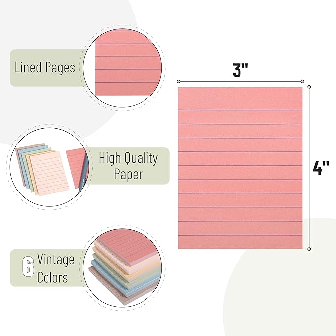 Mr. Pen Sticky Notes - Lined Pads, 3"x4", 360 Sheets, Vintage Colors