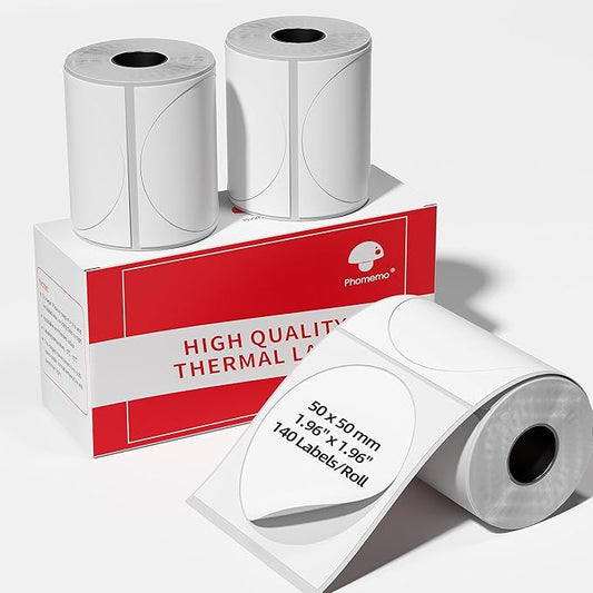 3 Roll Self-Adhesive Round Circle Thermal Labels for Phomemo M110/M221/M220/M120/M200/M110S Label Printers,1.96"(50 mm),Multi-Purpose Thermal Stickers,Black on White,140Labels/Roll