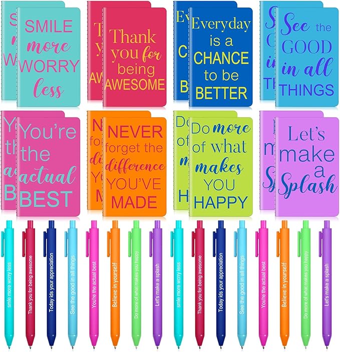 Funrous 32 Pcs Motivational Quote Pens Inspirational Notepads Mini Journal with Ballpoint Pen Small Notebooks Gift Set for Men Women Coworkers, Adult Party Favors Prizes Gift Bulk(Stylish)