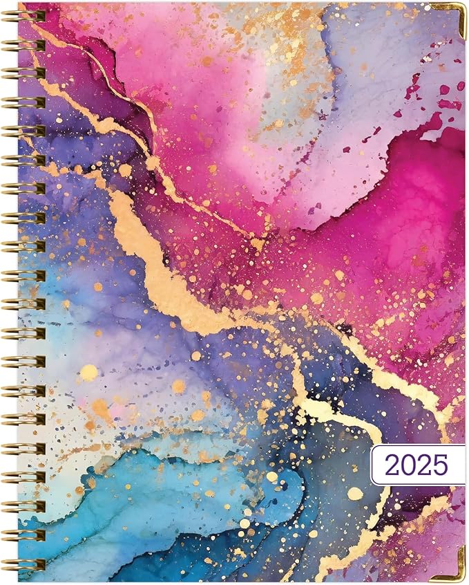 HARDCOVER 2025 Planner, 8.5"x11": 14 Months (November 2024 - December 2025), Daily Weekly Monthly Planner, Yearly Agenda, Bookmark, Pocket Folder and Sticky Note Set (Rainbow Gold Marble)