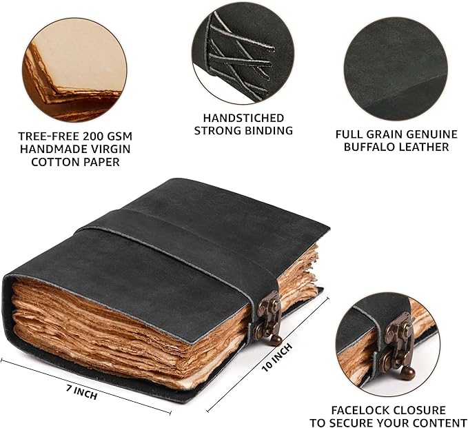 LEATHER VILLAGE Leather Bound Vintage Journal for Women & Men - Book of Shadows - Lock Closure - 200 Pages of Antique Deckle Edges Handmade Paper - Rustic Black Color - 10 X 7 inches