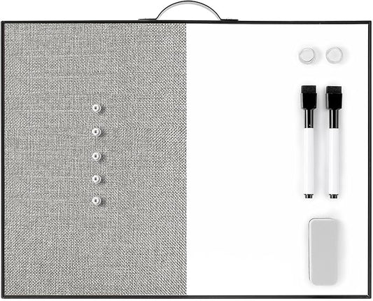 Small White Board Cork-Board Combo - 16 X 12 inches Gray Linen Board & Magnetic Dry Erase Board for Wall, Mini Bulletin Cork Board with Holder for Office, Home and School