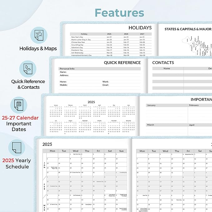 SUNEE 2025 Weekly & Monthly Hardcover Planner 5.5" x 8.3" - 12 Month (January 2025 - December 2025), Small Hardcover Planner, Pocket, Notes, 100 GSM Paper, Grey Blue