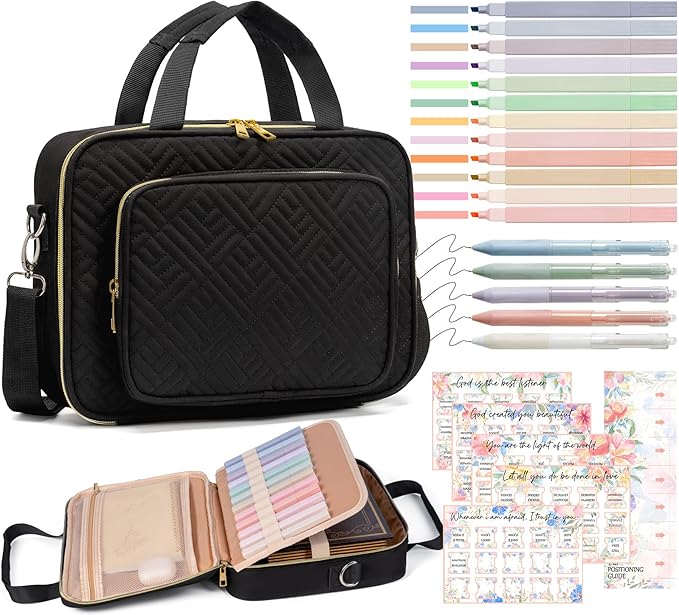 Bible Cover for Women Bible Case, Large Bible Bag w/Shoulder Strap, Bible Study Supplies Bible Journaling Kit Book Carrying Case with Bible Highlighters Tabs, Christmas Christian Gifts for Women Lady